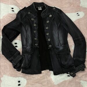 Black denim Military Style Jacket with Silver Buttons. Size M